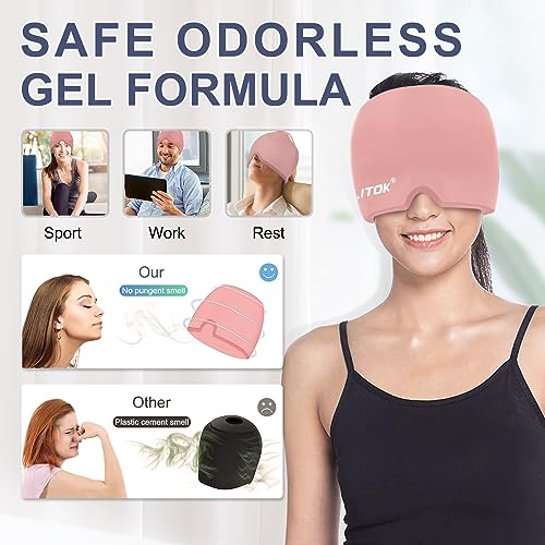 Image of EXQUISLIFE Migraine Headache Relief Cap, Gel Ice Head Wrap, Hot and Cold Therapy, Headache Eyes Mask for Sinus, Puffy Eyes, Tension and Stress Relief (Pink)