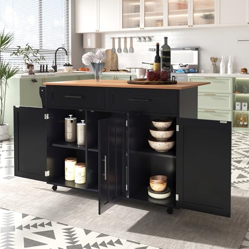 Merax Isla de cocina con encimera plegable, carrito de servicio en 5 ruedas con 2 cajones, 2 puertas, pies de madera maciza intercambiables, 129 x 46 (71) x 91,5 cm, color negro