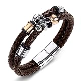 Bracelet Tête De Mort Rond À Double Rangée Tissé en Cuir Européen Et Américain, Bracelet en Cuir Tête De Mort en Acier Inoxydable Punk Rock,Marron,18.5cm