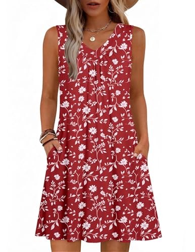 Image of Zeagoo Summer Dresses for Women 2026 Sleeveless Dress V Neck Tank Dress Pleated Floral Tshirt Sundresses with Pockets