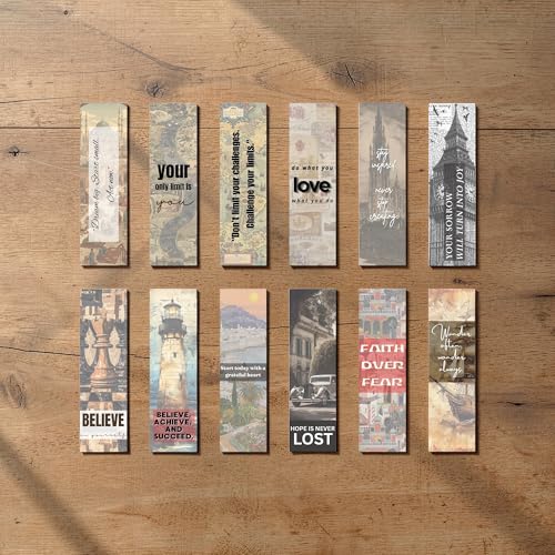 Image of Vintage Travel Bookmarks Set, 12 Pack, Double-Sided with Inspirational Quotes, World Landmarks Theme