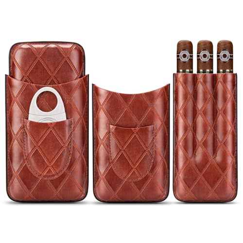 Étui à cigares en Cuir, 3 Tubes de Voyage Portable Cave avec Coupe en Acier Inoxydable(Marron Clair)