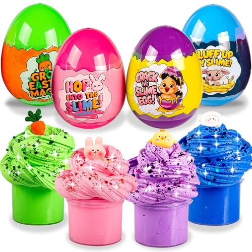 Waybla Easter Basket Stuffers for Kids – 4-Pack Butter Slime Eggs with Colorful Slimes, Glitter, and Easter Figurines – Fun Sensory Toy, Party Favors, Easter Basket Fillers