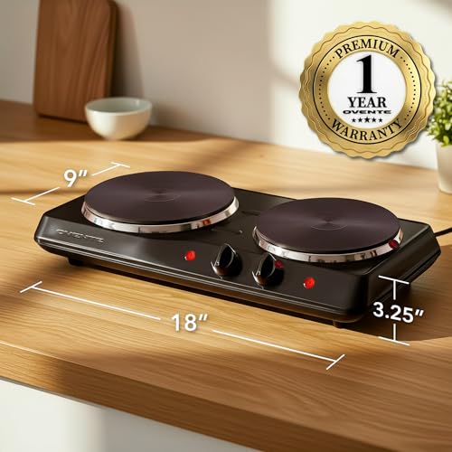 OVENTE Electric Countertop Double Burner, 1700W Cooktop with 7.25" and 6.10" Cast Iron Hot Plates, Temperature Control, Portable Cooking Stove and Easy to Clean Stainless Steel Base, Black BGS102B by OVENTE - Image 7
