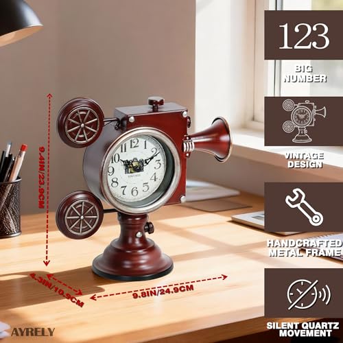 Image of AYRELY Vintage Industrial Film Projector Mantel Clock, Battery Operated Metal Shelf & Table Clock, Retro Home Decor Gift for Film Lovers, Living Room, Fireplace & Media Room