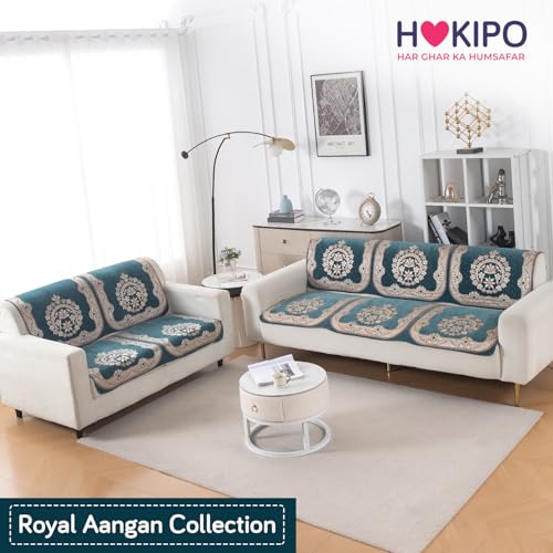 Image of HOKIPO Shahi Teal Premium Chenille Jacquard Sofa Cover 3 Seater and 2 Seater Set - 5 Seater Sofa Cover (3+2) for Seat & Back | 'Royal Aangan Series' (IN-1008-L2*2 + IN-1007-L2*2)