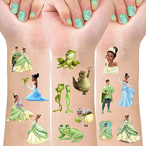 8 Sheets Princess Tiana Temporary Tattoos for Girls, Princess and the Frog Toys Party Favors for Baby Shower Birthday Party Decorations Supplies