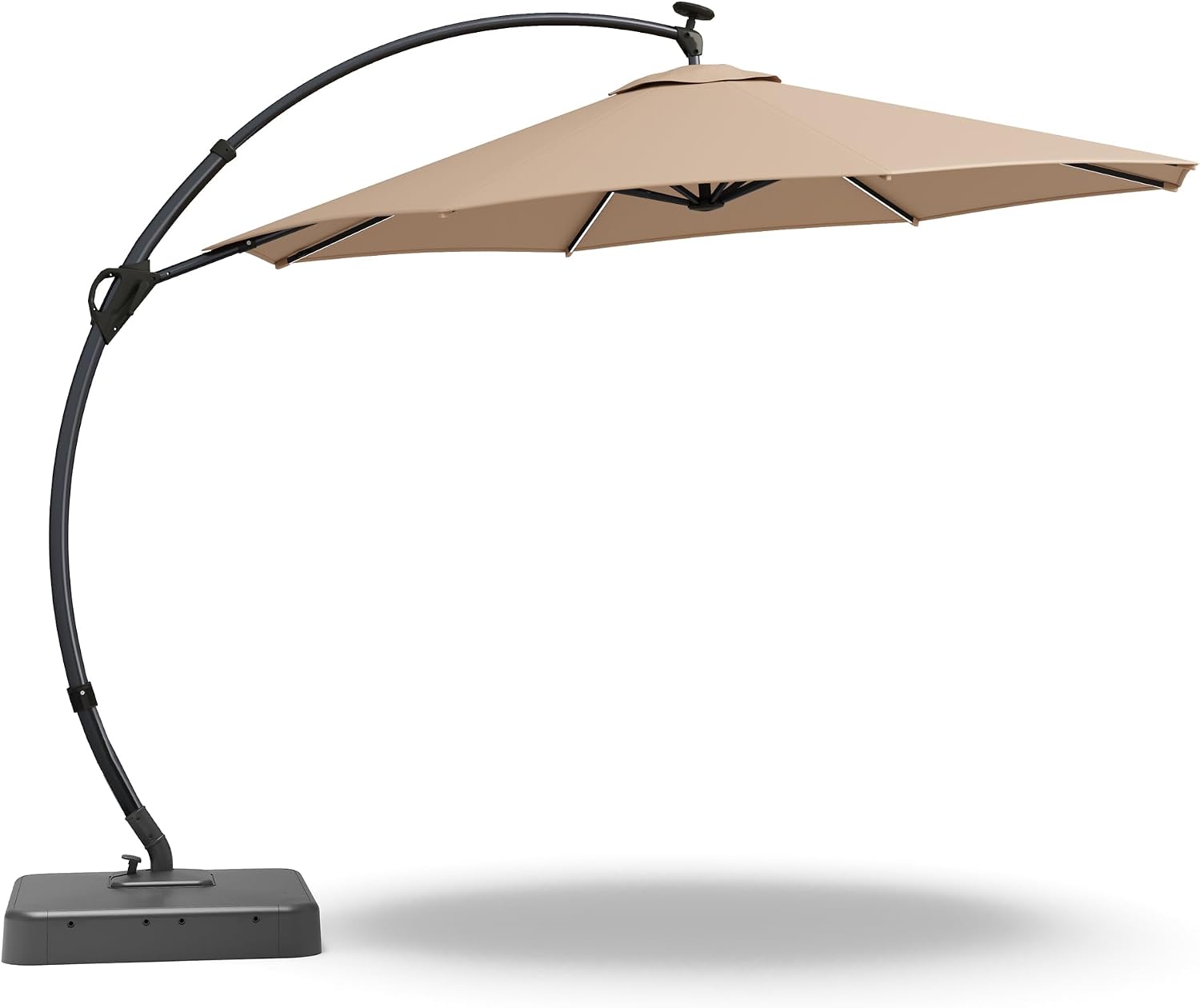 LAUSAINT HOME 11ft Patio Cantilever Umbrella with Base Included, Outdoor Curvy Round Offset Umbrella, Heavy Duty Aluminum, 360° Rotation for Pool, Deck, Lawn, Backyard (Beige with LED)