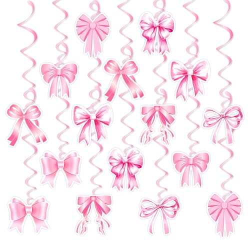 Image of Pink Bow Birthday Decorations, Kaluofan 32PCS Pink Bow Hanging Swirls Set, Bow Party Decorations for Girl Birthday Wedding Valentine's Day Dance Party Favor Supplies