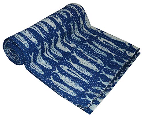V Vedant Designs Indian Handmade Queen Cotton Kantha Quilt Throw Blanket Bespread Indigo Fish Designs Blue Color 90x108 Inch