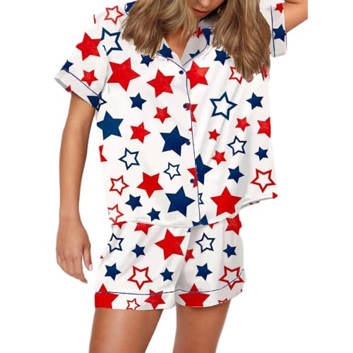 Image of Piacakece 4th of July Women Outfit Short Sleeve Button Shirt Matching Shorts Satin Pajama Sets Women July Fourth Clothes