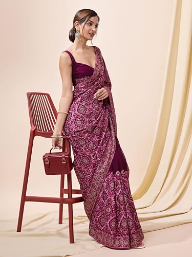 Image of TRENDMALLS Women's Vichitra Silk Heavy Embroidery With Siroski Stone Work Saree with Unstitch Blouse Piece For Women