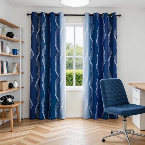 Image of MYSKY HOME Navy Blue and Greyish White 95% Blackout Ombre Patterned Curtains 96 inch Long 2 Panels Set for Living /Dining Room Thermal InsulatedGeometric Print Design Grommet Drapes, 52 inch W Each Panel