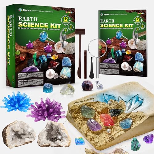 Japace Ausgrabungsset für Kinder STEM Wissenschaft Spielzeug Edelsteine Ausgraben Geoden Zum Aufbrechen Set Kristalle Züchten Kit Geschenke Jungen Mädchen schürfen Hammer