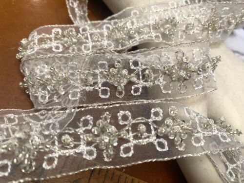 White & Silver Embroidered Trim Hand Sewn 7/8" Glass Beads White Silver Organza 1yd Fabric