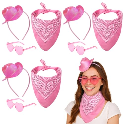 3 Sets Mini Cowboy Hats, Cowboy Hat Headbands Heart Glasses and Bandana Costume Kit, Glitter Western Cowboy Headpiece for Women Men, Pink Cowgirl Party Accessories for Birthday Bachelorette
