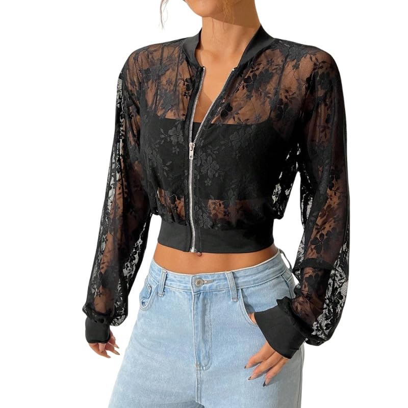 Women’s Jacquard Lace See-Through Zipper Short Jacket Top-image-33