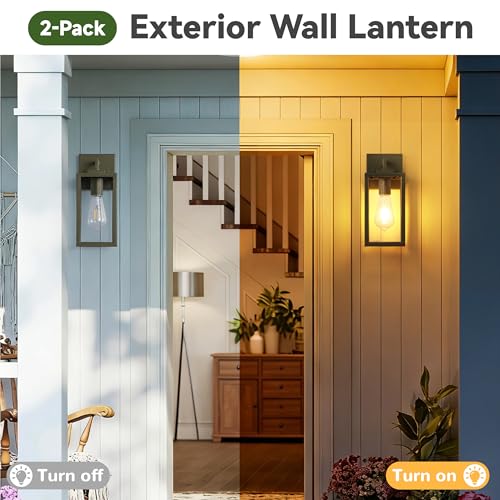 Image of Outdoor Wall Light Fixtures, Waterproof Wall Lantern with Tempered Glass, Hardwired Exterior Wall Sconce in Dark Olive, 12 in Outdoor Porch Light for House Front Door, Patio, Garage, 2-Pack