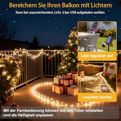 2 Stück Lichterkette Außen Solar 30m 300LEDs Warmweiß, 8 Modi Wasserdicht Solar Lichterkette Aussen mit Timer Fernbedienung & USB für GartendekoTerassen Hochzeiten Ramadandeko