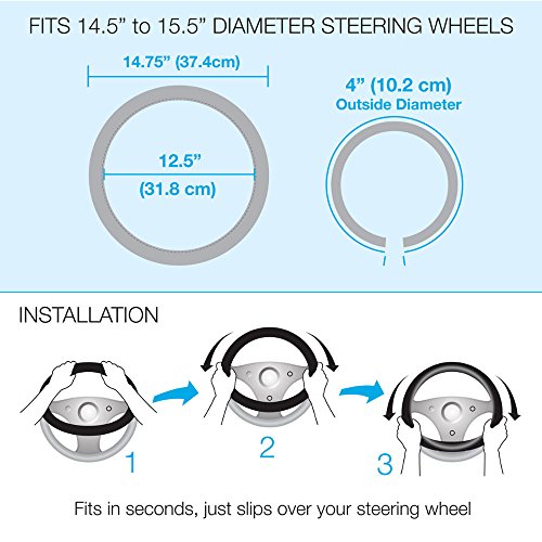 Image of BDK Genuine Leather Car Steering Wheel Cover 15 inch-16 inch (Large /Gray)