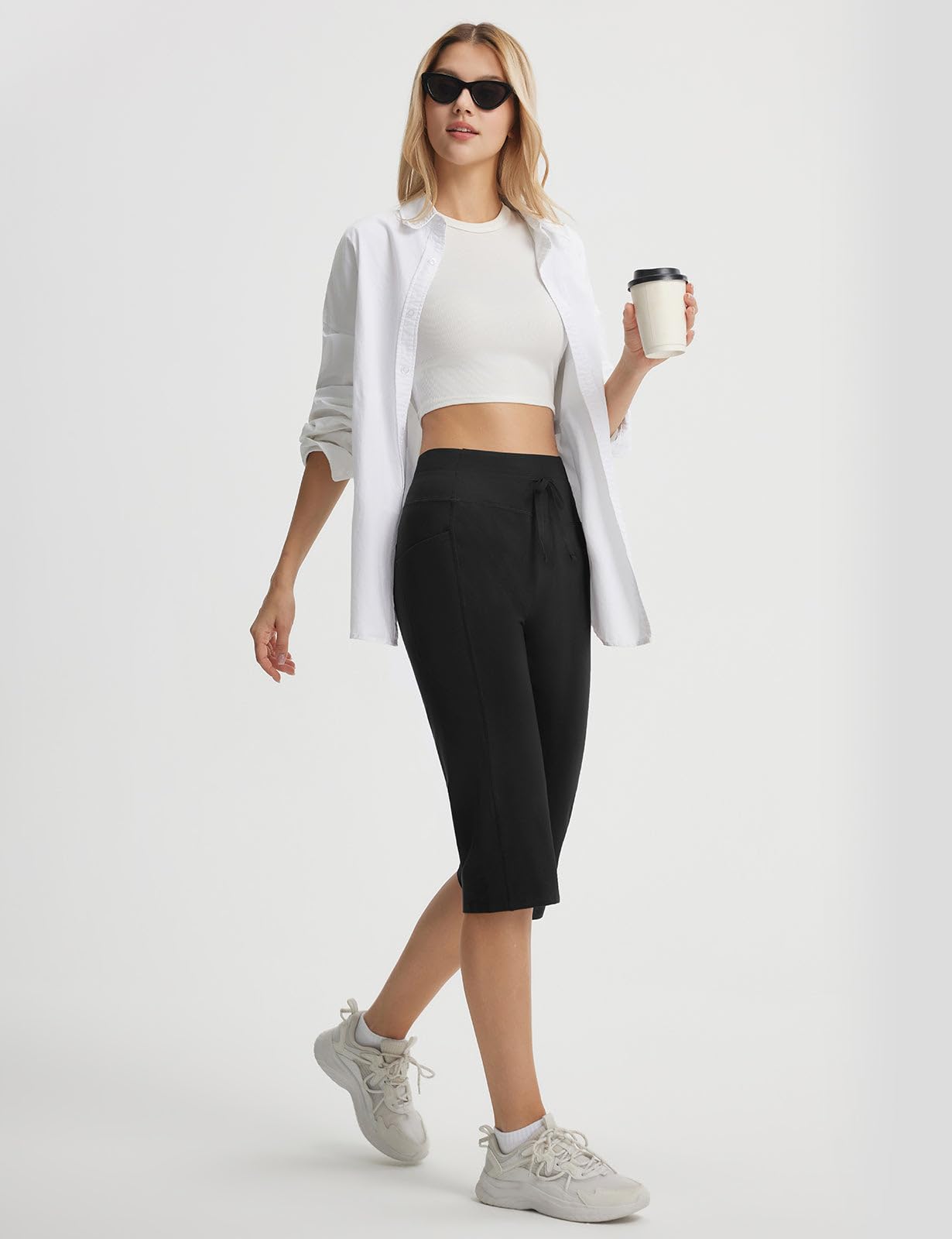 baleaf 46CM Femmes Yoga Coton Capri, Taille Haute Droite Cropped Pilates Corsa Pantacourt avec Poches Cordon de Tirage Courbe