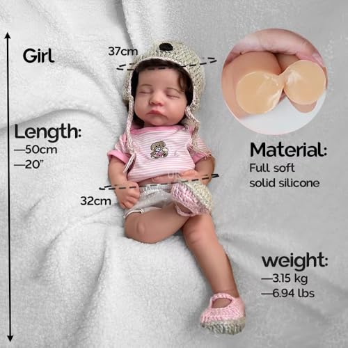 50 cm ultra-realistische Silikon-Puppe, schlafende Reborn-Babypuppe, handgepflanzt, kurzes braunes Haar, lebensechtes Mädchen mit geschlossenen Augen, geeignet für ältere Menschen und Kinder (bemalt) – Bild 3