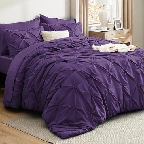 Image of Bedsure Full Comforter Set Purple - Bed in a Bag Full Size Bedding Set 7 Pieces, GentleSoft Pintuck Bed Set Gift for Family, All Season Down Alternative Comforter with Sheets, Pillowcases & Shams
