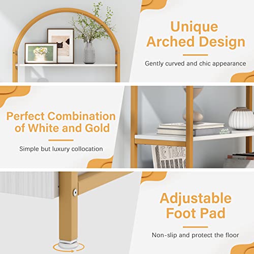 Image of Jehiatek Gold Bookshelf, Arched Bookcase with Doors Storage, 71 inch Tall Industrial Book Shelf with Sturdy Metal Frame, E1 Quality Boards, Freestanding Display Shelving Unit, White and Gold