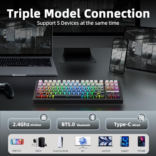 Image of ZORNHER ZH870 Wireless Mechanical Gaming Keyboard,80% Black Custom Creamy Sound Keyboard with Shine Through PBT Keycaps,Pre-lubed Linear Switches,Hot-Swappable,RGB Backlit,2.4GHz /USB-C /BT5.0