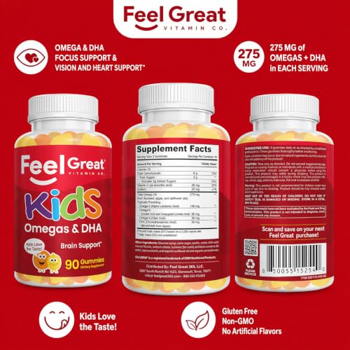 Image of Feel Great Vitamin Co. Complete DHA Gummies for Kids | with Omega 3 6 9 + DHA, Vitamin C | Supports Healthy Brain Function, Vision & Heart Health | Gluten Free, Vegetarian | 90 Gummies