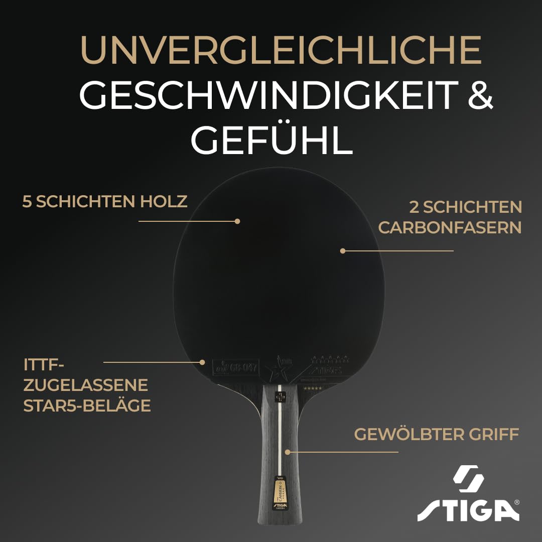 STIGA Pro Carbon + Tischtennisschläger für fortgeschrittene Offensivspieler – ITTF zugelassen, Touch Carbon Technologie – Verbesserte Geschwindigkeit, Kontrolle und Komfort – Schwarz/Rot