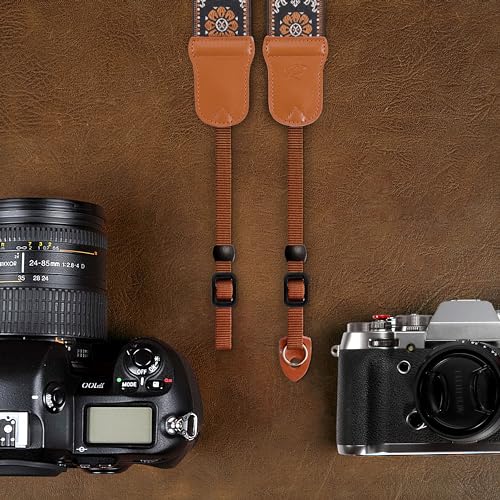 Image of Padwa Lifestyle Brown Flower Camera Strap - 2 inch Wide Double Layer Cowhide Head Cotton Strap,Vintage Jacquard Embroidery Universal Neck & Shoulder Camera Straps for Photographers and All DSLR Cameras