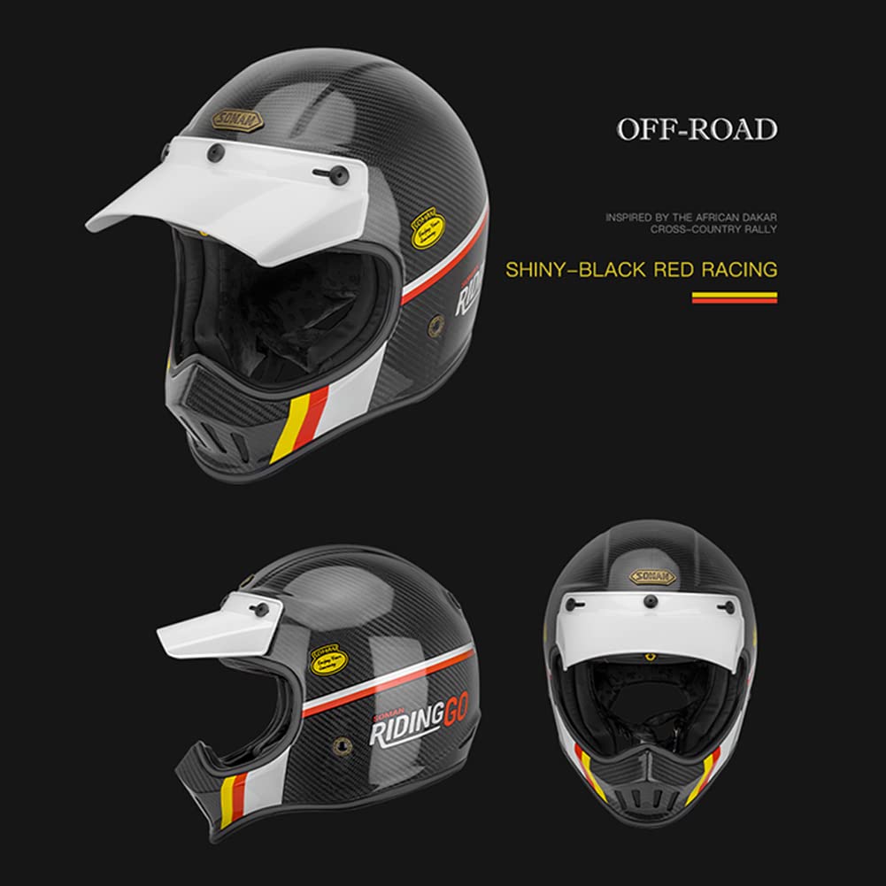 Casque intégral de motocross vintage Casque de moto tout-terrain de descente en fibre de carbone DH Retro Dirt Bikes Scooter Crash Casque Rally Racing MX ATV Casque Certifié DOT (Rouge,L(59-60CM))