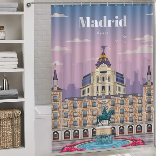 POLIUAWS Travel to Madrid Rideau De Bain en Polyester Imperméable Et Humoristique pour Salle De Bain, Baignoire Et Décoration D'appartement...