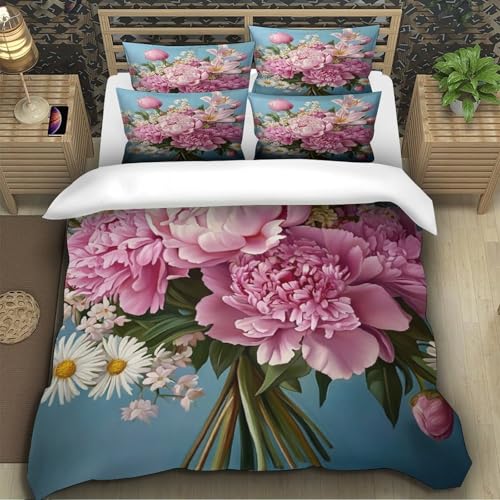 Housse de couette rose 3D Super King 260x220cm avec 2 taies d'oreiller fleuries
