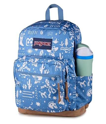 Image of JanSport Right Pack Backpack - Durable Daypack with Padded 15 inch Laptop Sleeve, Spacious Main Compartment & Integrated Water Bottle Pocket - Yeehaw And Horses Elemental Blue /Cream