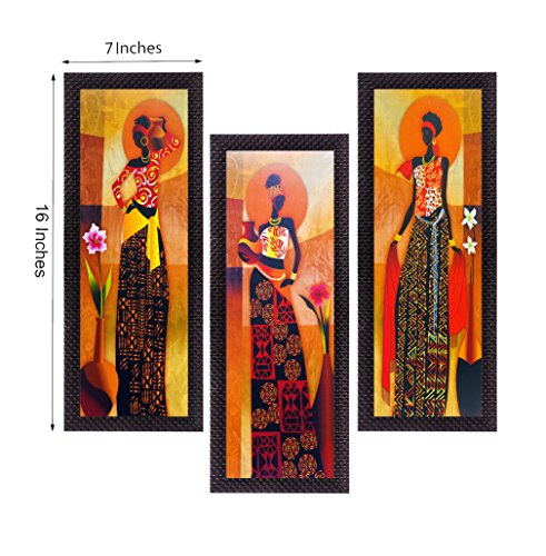 Image of eCraftIndia Set Of 3 Tribal Village Ladies Paintings Digital Printed Woman Wall Art - Ethnic And Captivating Home Decor Accent - Gift For Art Lovers And Cultural Enthusiasts