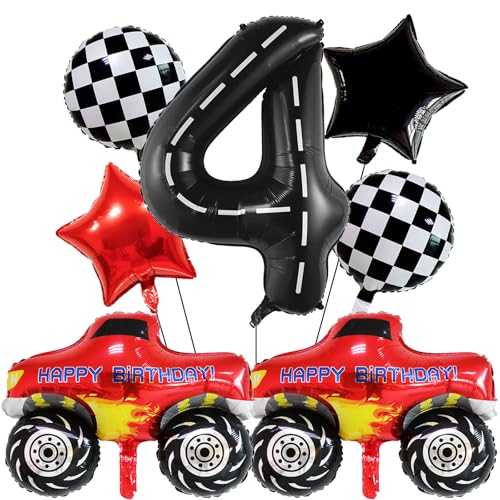 Truck Birthday Balloons Decorations 40 Inch Racetrack Number Balloon 4, Checkered Foil Balloons Red and Black Star Balloon for Race Car Theme Birthday Party Decorations 7Pcs