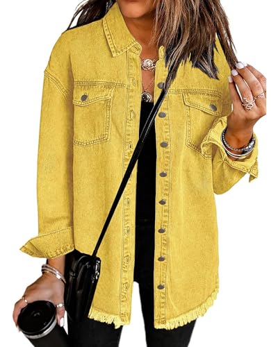 Women's Oversized Denim Jacket Casual Button Up Frayed Hem Shacket Long Sleeve Jean Jacket Fall Outfits