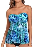 Talisea Women Bandeau Tankini Top Only Mesh Strapless Swimsuits Top Halter Flyaway Bathing Suits No Bottom Blue Leaves X-L