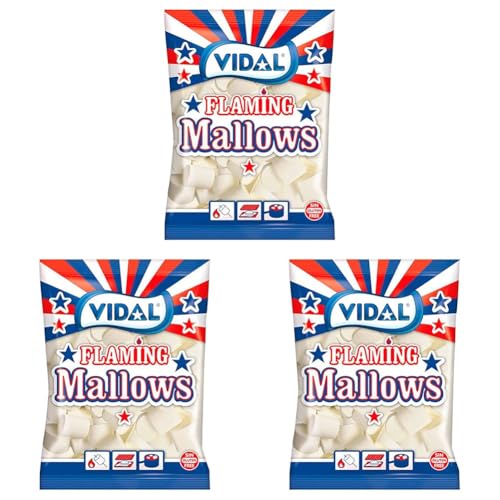 Vidal Golosinas Flaming Mallows. As minhas nuvens saborosas prontas para fogueiras, churrascos e ferros. Gosto de baunilha. Cor branca. Saco de 1 kg. (Pacote de 3)