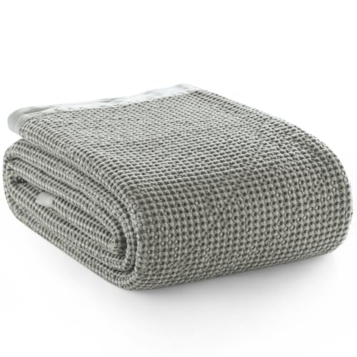 Image of PHF Stone Washed 100% Cotton Waffle Blanket, Vintage Deep Honeycomb Texture, Breathable Thermal Blanket for Bed & Home Decor, All Season Layering - Queen, Frosted Grey