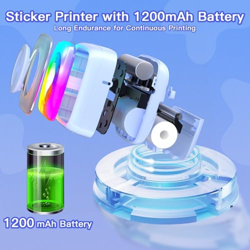 Image of Mini Printer Sticker Printer Print Pod with 6 Rolls Sticker Paper, Seven Color Lighting Modes for DIY Scrapbook, Travel, Notes, Label, Memo, Compatible with iOS&Android