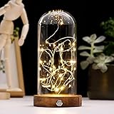 4.34 x 8.85 Clear Glass Dome Cloche with Rustic Wood Base，Battery Operated LED Fairy Light Antique...