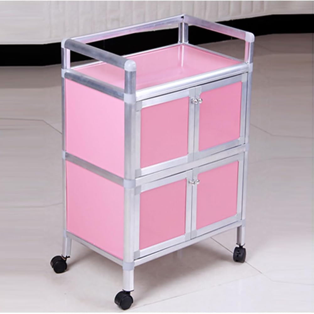 Utility Salon Trolley with Wheels, Rolling Lab Cart for Beauty Salon, Salon Trolley Cart with 4 Cabinet Doors, Table Work Station, Multifunctional Utili,Pink