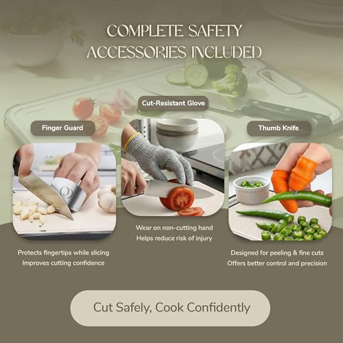 Image of Titanium Cutting Board Double-Sided 2-in-1 (99.9% Titanium + PP), 15 inch x 10 inch, with Accessories (Finger Guard, Glove, Thumb Knives) - Kitchen Metal Chopping Board for Meat, Fruits & Vegetables