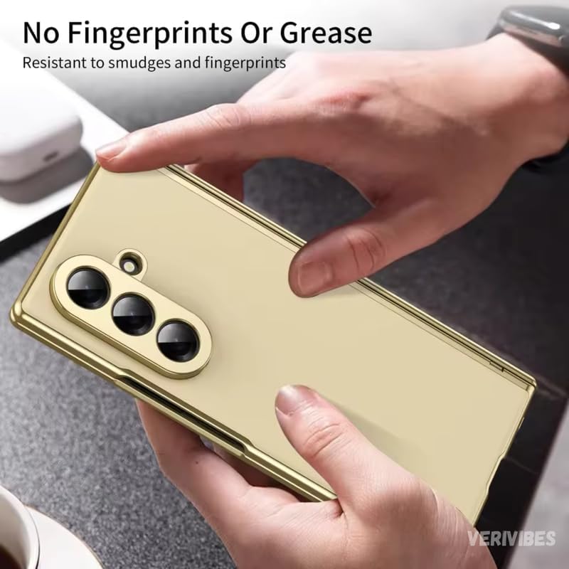 Image of Ultra Hybrid Luxury Leather Case Compatible with Samsung Galaxy Z Fold 5 (2025) 360 Hinge Protection, Slim Shockproof Back Cover, Anti-Scratch Design, Tempered Glass Protection - Golden