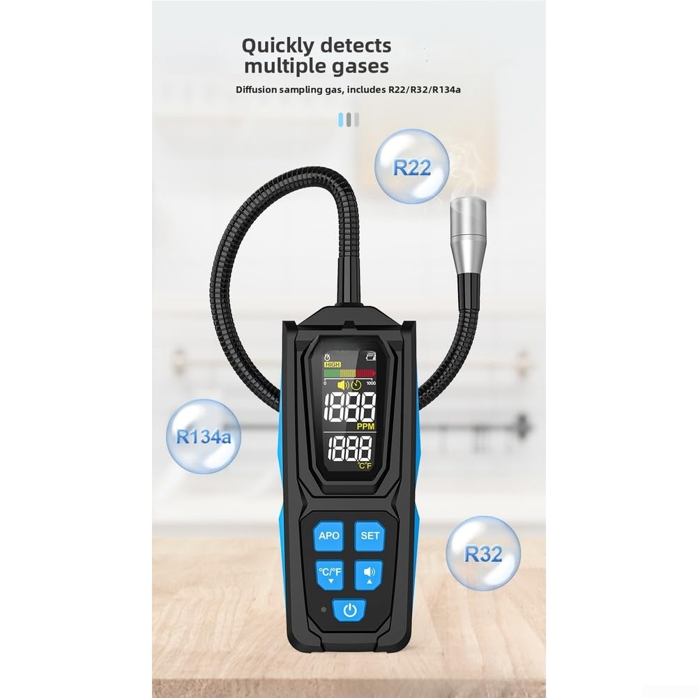 HD02 Lecksuchgerät, digitaler Gasmonitor für R22 R32 R134a mit 14,2 g/Jahr Empfindlichkeit, Dreifach-Alarmsystem, 270 mm flexible Sonde, Celsius/Fahrenheit-Schalter, schnelles Reaktionswerkzeug