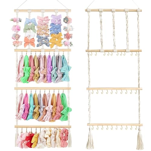 Image of sharme Bow Organizer for Girls, Large Capacity Bow Holder for Girls Hair Bows, Baby Headband Hair Accessories Wall Hanging Organizer For Toddler Baby Girls Nursery Room Decor -Boho