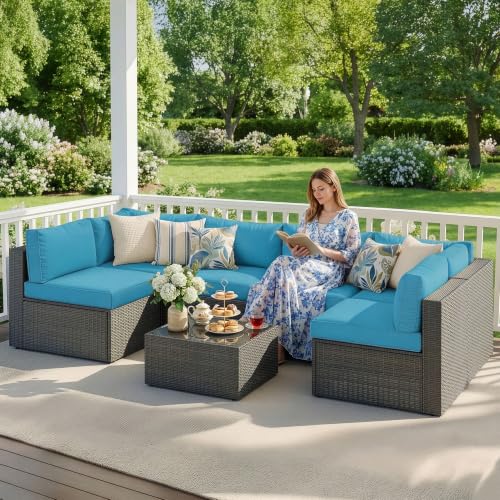 Image of Wisteria Lane 7 Pieces Outdoor Patio Furniture Set, Wicker Outdoor Patio Sectional Sofas with Coffee Table, All-Weather Patio Conversation Set for Garden Backyard, Light Blue